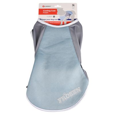 Manteau rafraîchissant Flamingo Cooling Coat Frozen pour chien, tissu gris et bleu clair, emballage avec texte anglais « Keeps your dog cool » et illustration d’un chien portant le manteau.